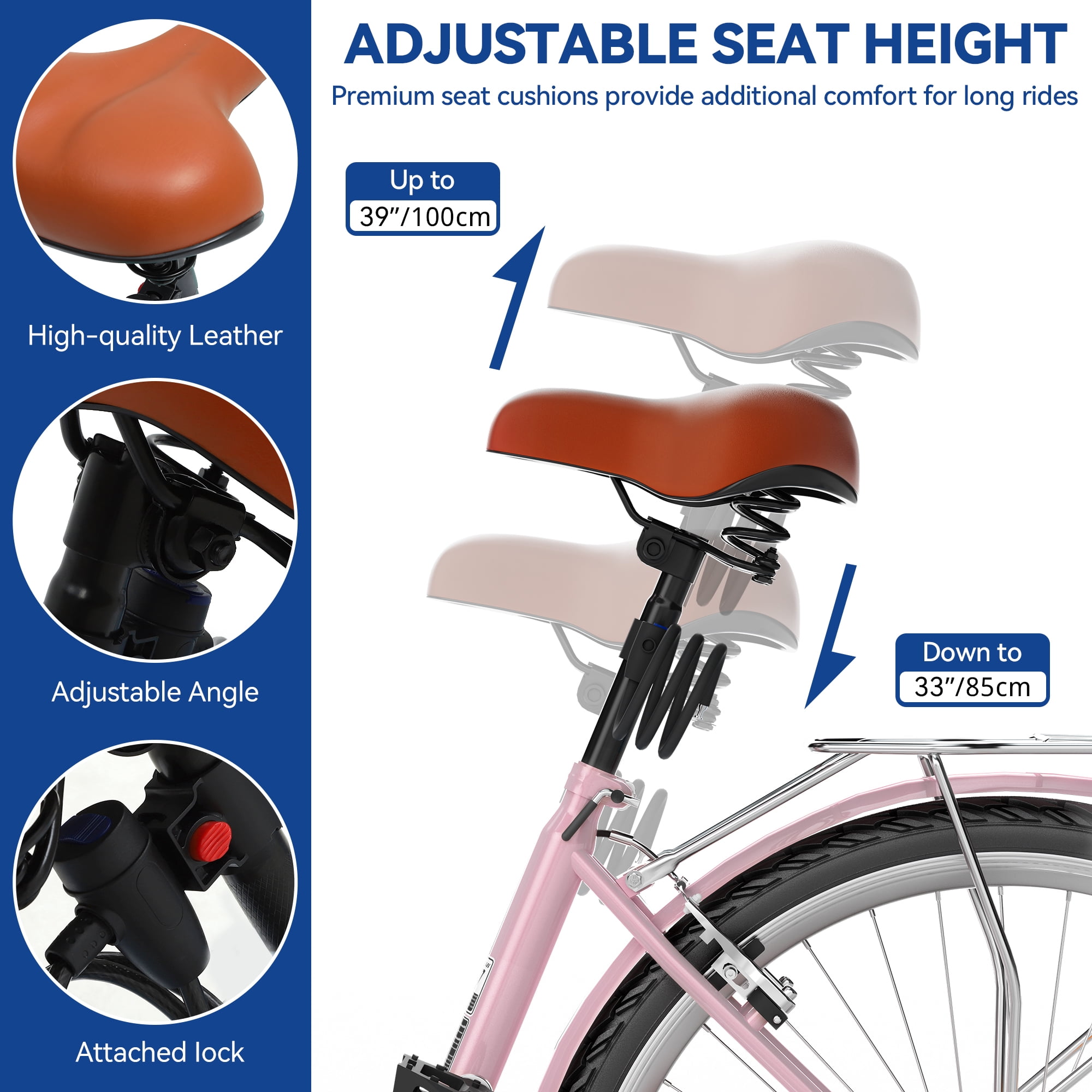 Uforic 26'' Beach Cruiser Bike for Adults - 1-Speed Commuter Bicycle, Adjustable Comfort Seat in Fresh Pink - Easy-Ride Design