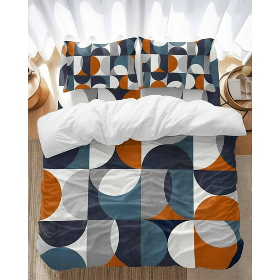 Vintage Mid-Century Bedding Duvet Cover Set Queen Size 4 Pieces Modern Abstract Geometric Orange White Bedding Set with Zipper Closure, 1 Comforter Cover 90x92 Inches 1 Flat Sheet & 2 Pillow Cases