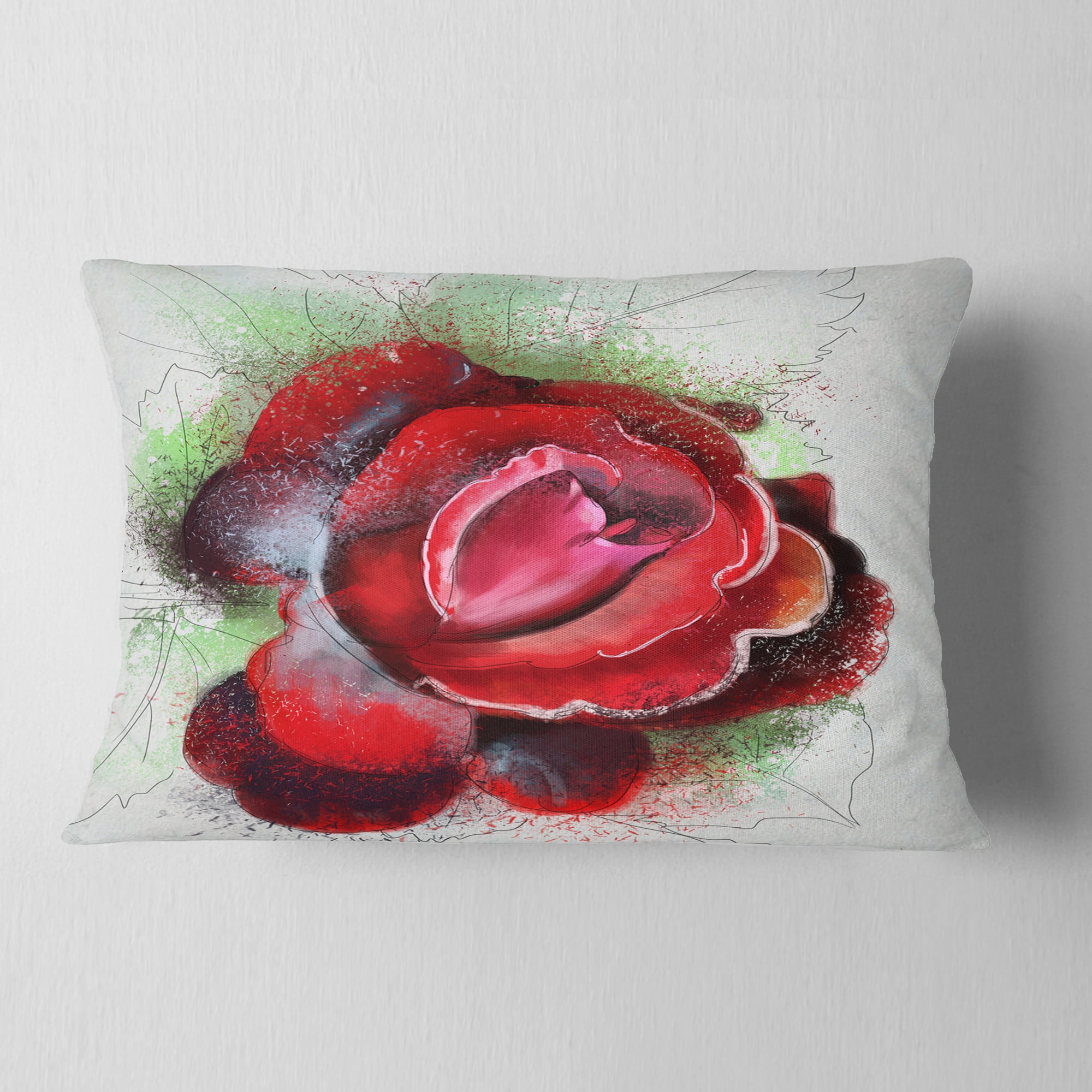 Designart Beautiful Red Rose with Green Shade - Floral Throw Pillow - 12x20