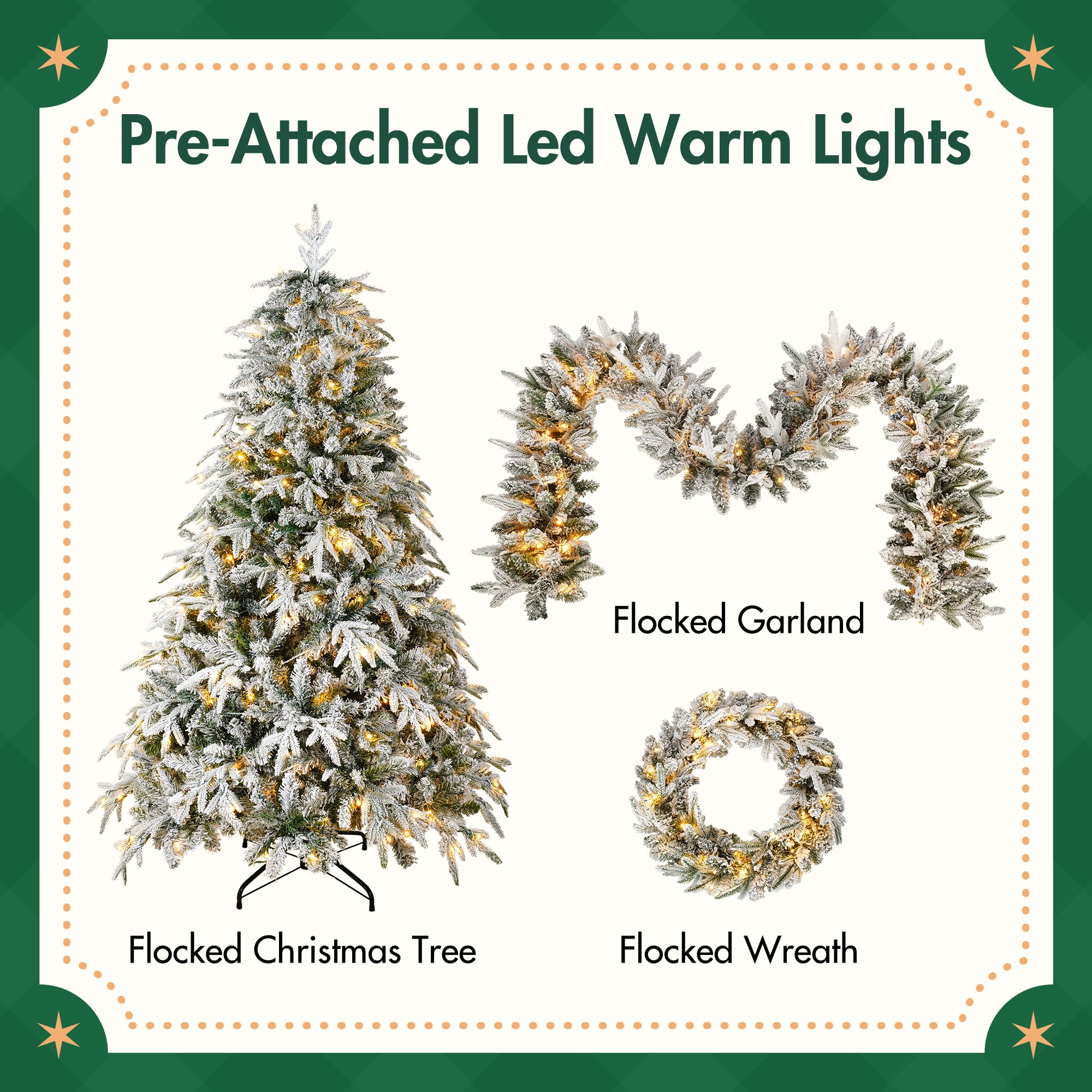 Euroco Christmas Snow Flocked Wreath with Xmas Snow Garland and Snow Xmas Tree, 3 Pac Snowy Flocked Christmas Decor with Warm LED Lights, 9ft Flocked Garland, Flocked Wreath, 6ft Flocked Tree