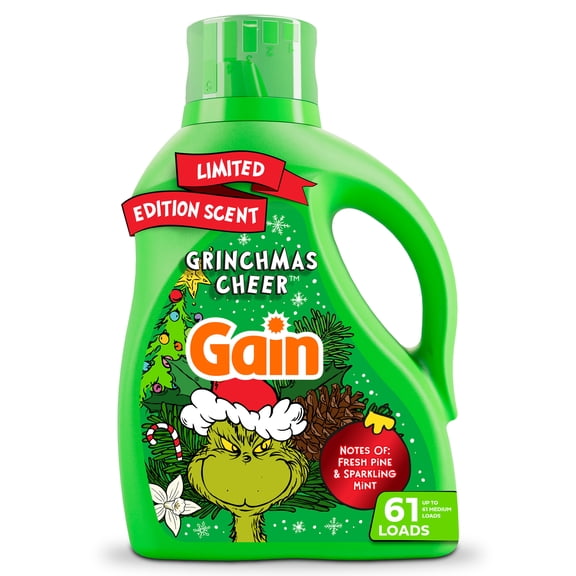 Gain Laundry Detergent Liquid, Odor Defense, Grinchmas Cheer Scent, 81 fl oz, 61 Loads