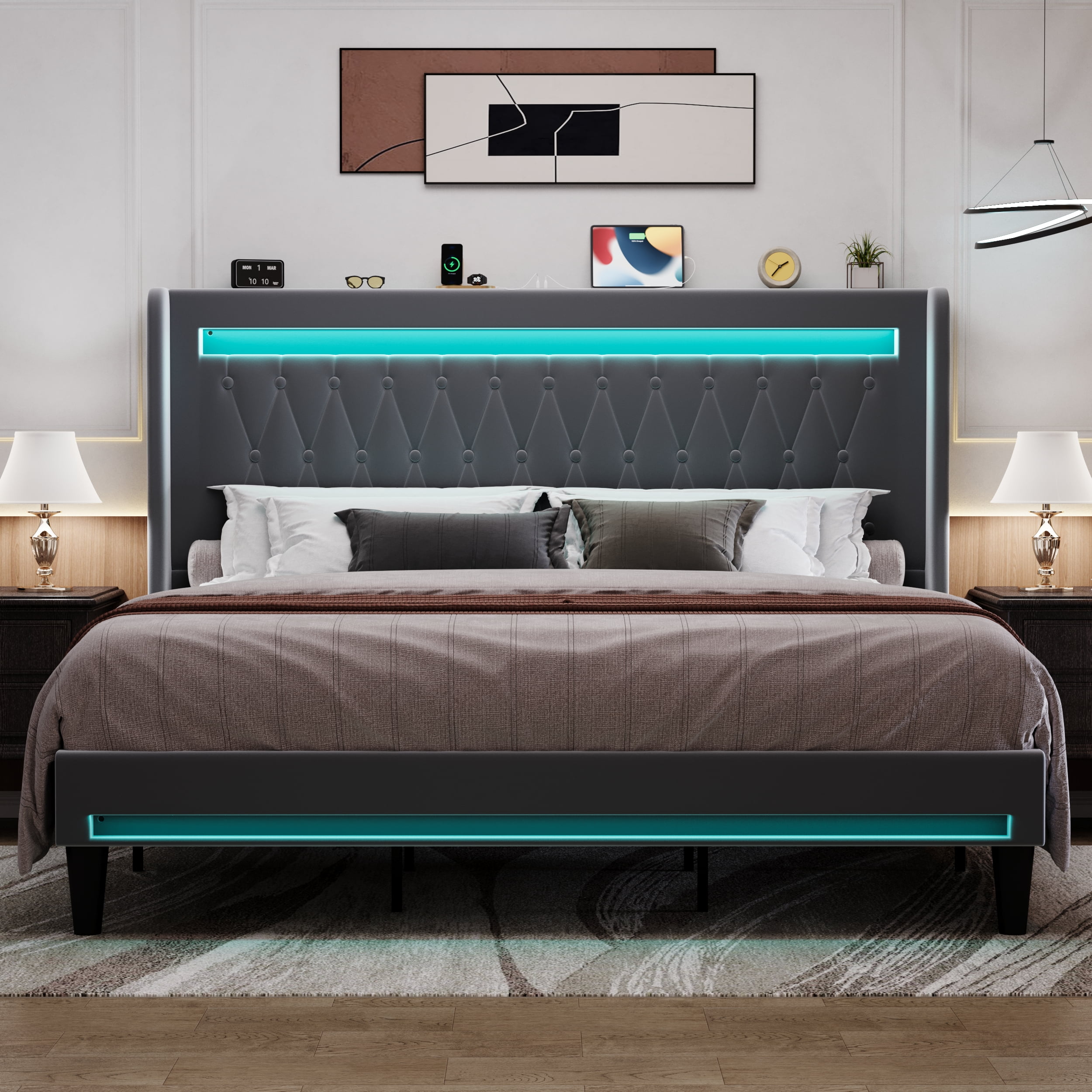 Amolife King Size LED Bed Frame, Upholstered Velvet Platfrom Bed with Charging Station, High Wingback Headboard & 2 Lights, No Box Spring Needed, 1000 LBS Capacity, Gray