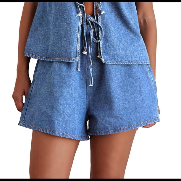 Conjunto de Dos Piezas de Mezclilla con Lazo Frontal para Mujer, Sin Mangas, Escote en V Profundo, Chaleco, Pantalones Cortos de Cintura Elástica Azul M