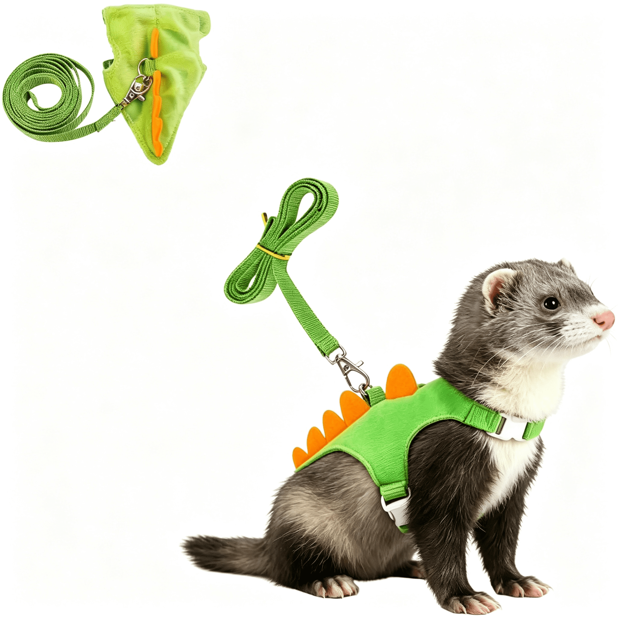 GASTROPOD Ferret Harness and Leash Set Cute Dinosaur Design Soft Mesh Small Pet Harness Vest with Safe Bell Walking Clothes for Small Animals Ferret Rabbit Guinea Pig Squirrels (Green)