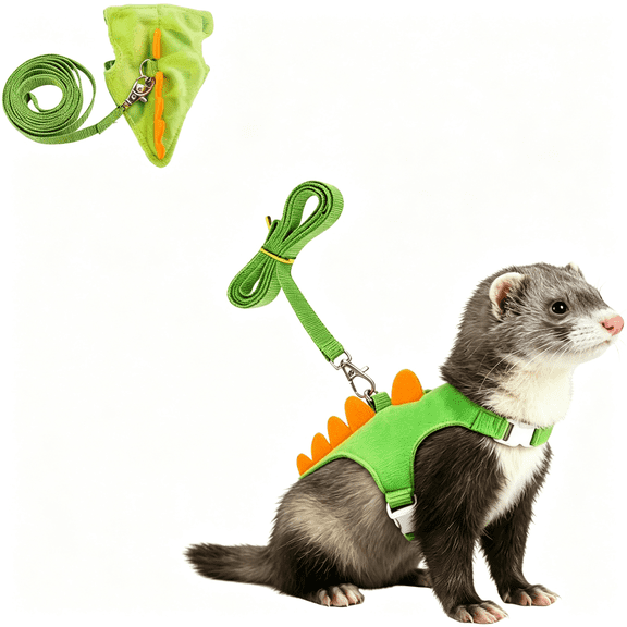GASTROPOD Ferret Harness and Leash Set Cute Dinosaur Design Soft Mesh Small Pet Harness Vest with Safe Bell Walking Clothes for Small Animals Ferret Rabbit Guinea Pig Squirrels (Green)
