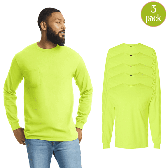 Gildan Hi-Vis Ultra Cotton Pocket T-Shirt for Men, Long Sleeve Crewneck Safety Green Tee, 5-Pack, S