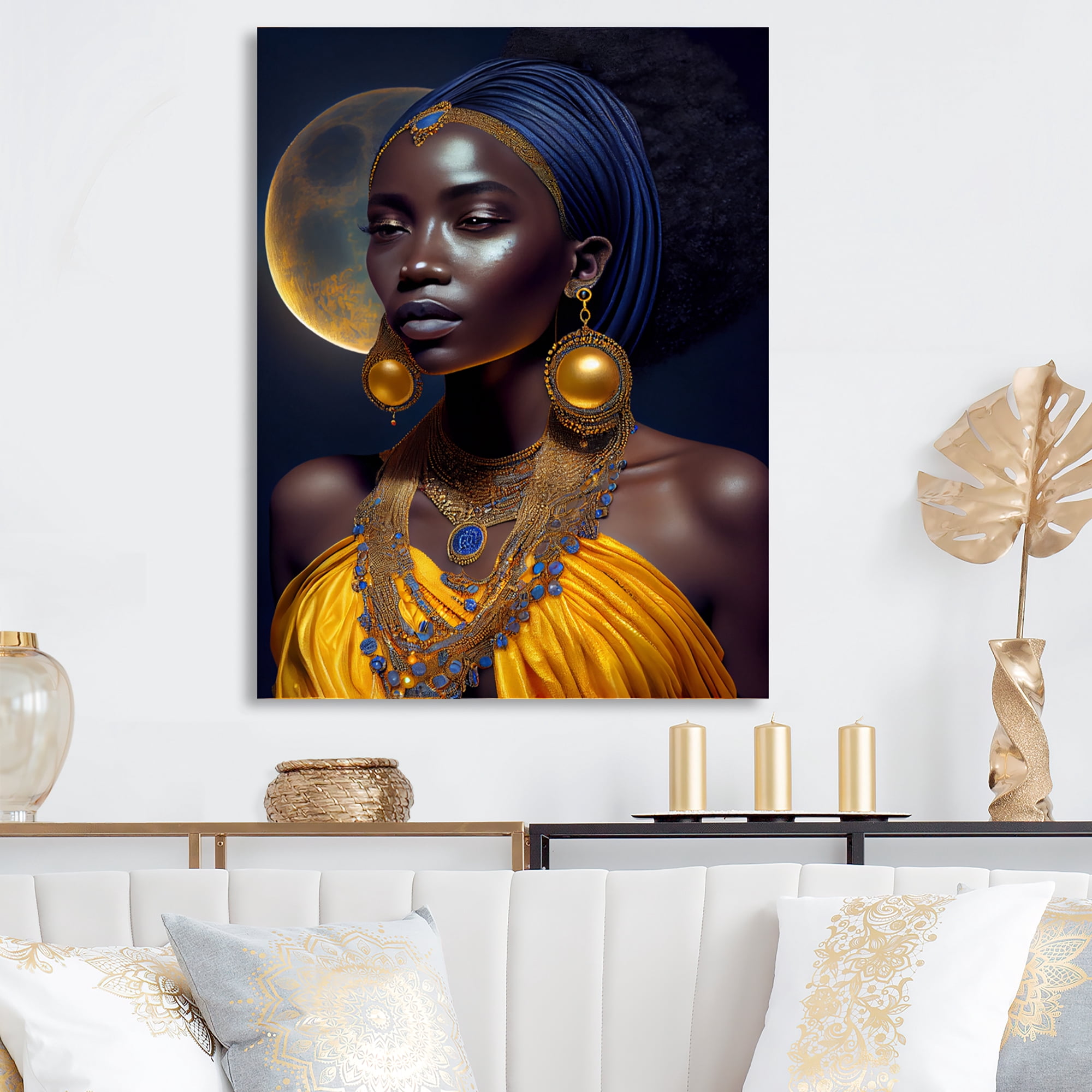Designart Blue Queen African Woman Under Moon I Canvas Wall Art