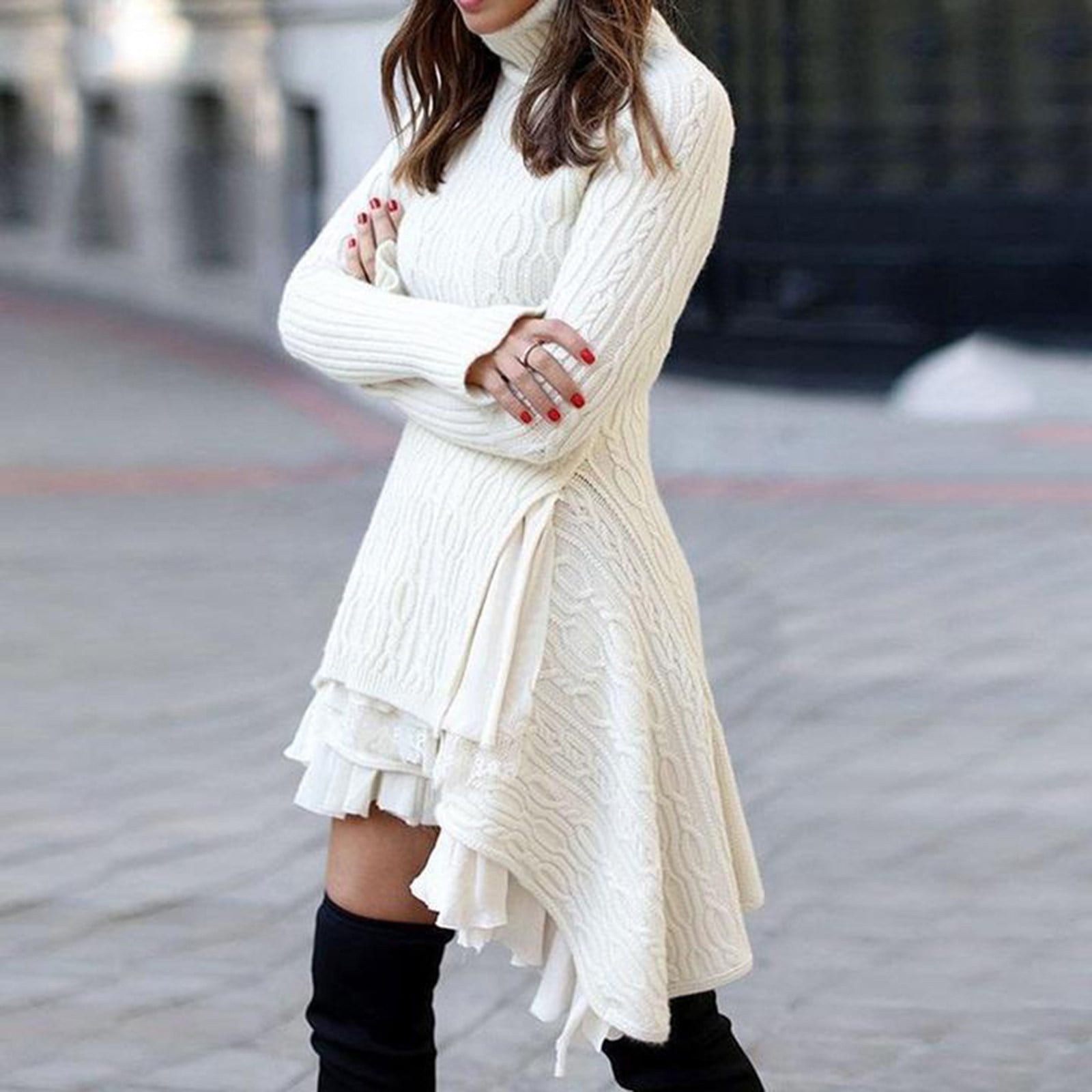 FRPE Women Cable Knitted Split Slim Turtleneck Long Sleeve Sweater Dress