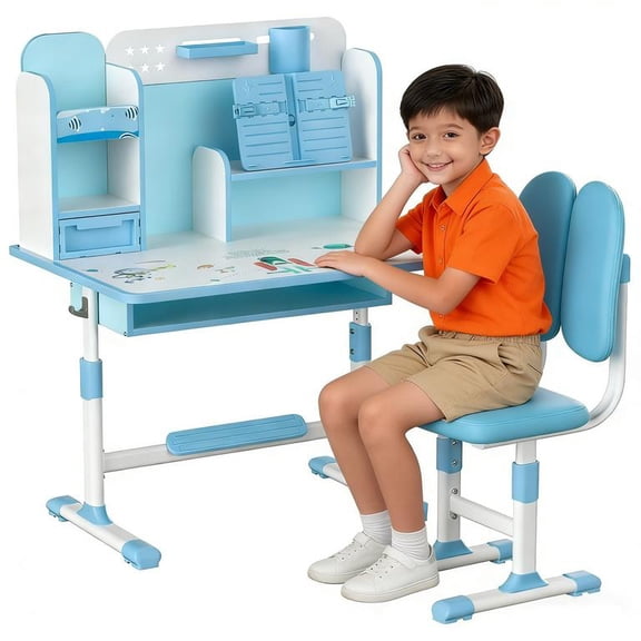 YNCE Kids Desk and Chair Set, Height Adjustable Children's Study Desk with Spacious Storage Drawer, Golden Distance Preventing Myopia Design for Kids
