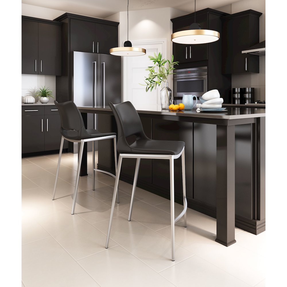 Ace Counter Stool Black & Silver Counter Stool, Modern Style, Plush and durable faux leather fabric, Stainless Steel, Indoor Bar