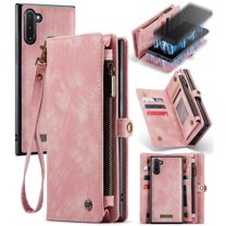 For Samsung Galaxy Note 10 Wallet Case,Multi-Functional Retro Leather Purse Flip Cover Zipper Wallet Case with Removable Card Slots Pocket & Detachable Wrist Strap Magnetic Phone Case, Pink