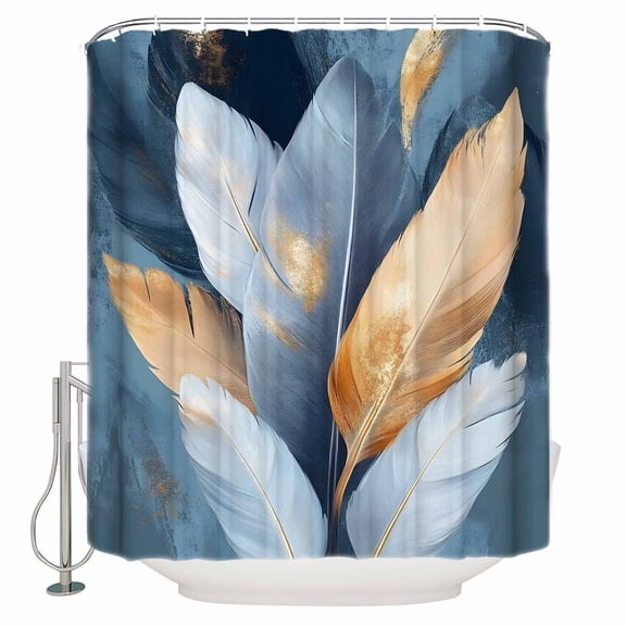 72x78 Inch Shower Curtain Blue Feather Bathroom Decor Waterproof Fabric Bathtub Bath Curtains Decorative Abstract Modern Golden Art Painting Textured Extra Long Shower Curtain Set with Hooks