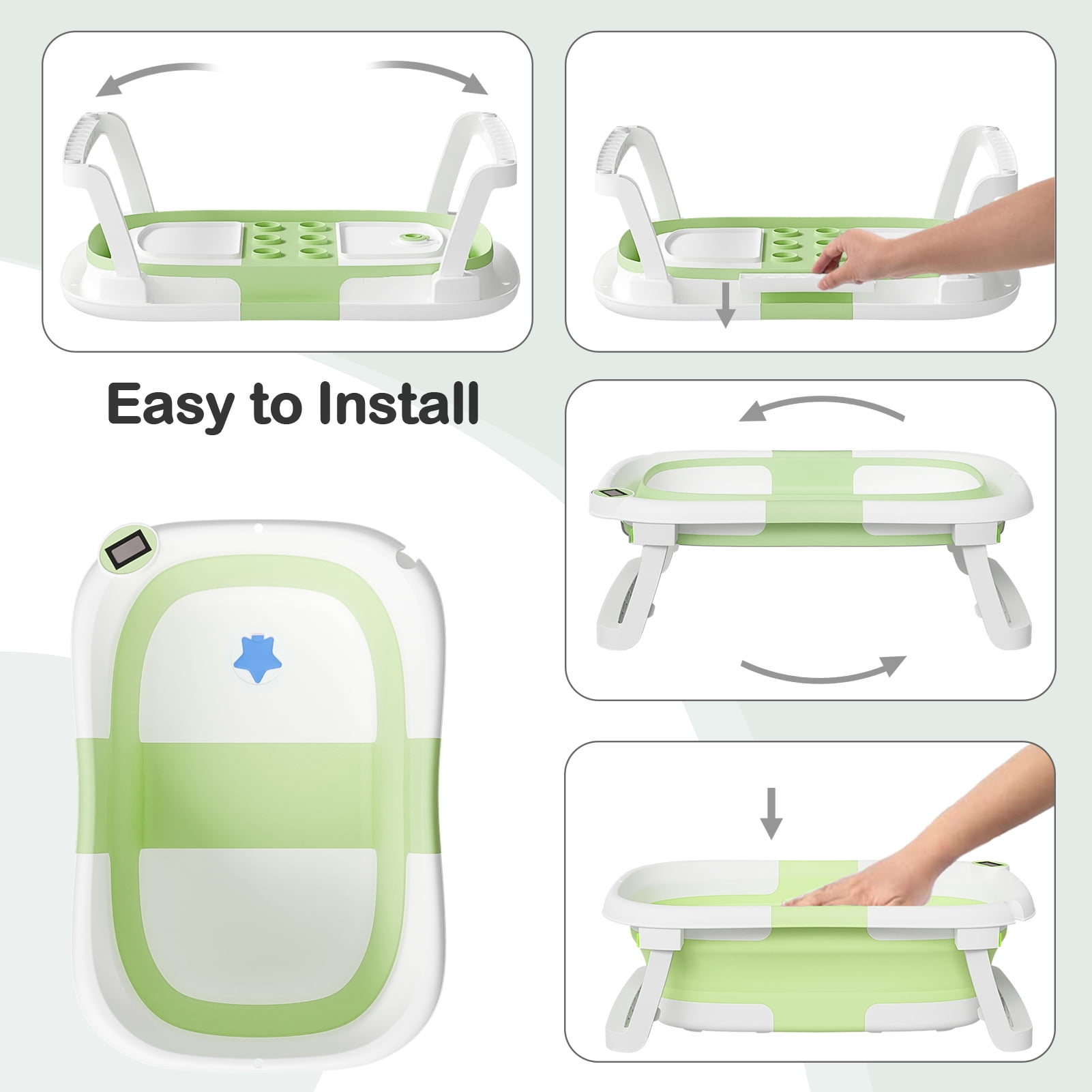 Aprpink Foldable Baby Bathtub PP+TPE with Soft Bath Net&Thermometer for 0-36 Months Toddler Green