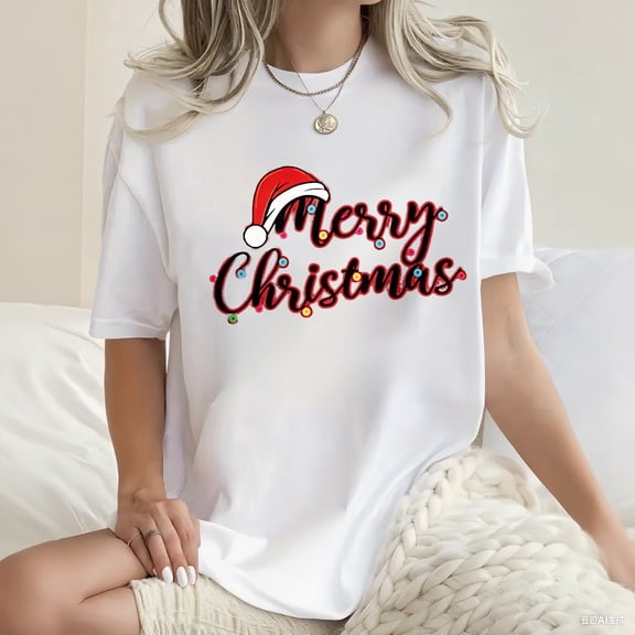 Crewneck Tshirt Merry Christmas Print Short Sleeve Shirt for Women