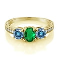 thumbnail image 2 of Gem Stone King 18K Yellow Gold Plated Silver 3-Stone Ring Oval Green Nano Emerald and Vivid Persian Blue Moissanite (1.72 Cttw, Size 9), 2 of 4