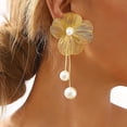 thumbnail image 5 of arete de flores de oro para mujer, arete de perlas de flores grandes, arete de doble flor, arete de declaración de flores doradas, joyas para bodas y mujeres, 5 of 5