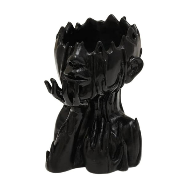 Maceta de resina para jardín, diseño de cabeza de florero, decorativa, con forma de cara Negro