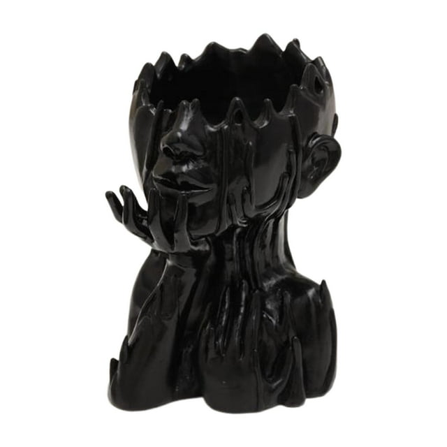 Maceta de resina para jardín, diseño de cabeza de florero, decorativa, con forma de cara Negro