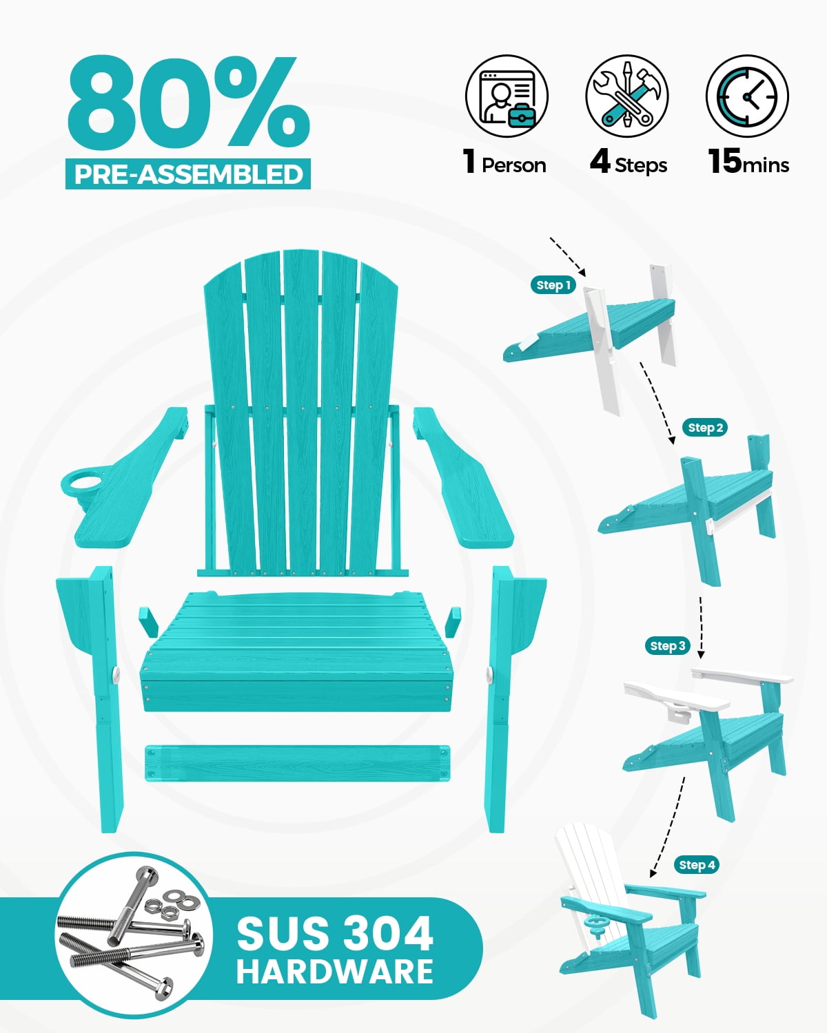 Cobiod Folding Adirondack Patio Chairs With Cup Holder Set of 4, HDPE All-Weather Lounge Chairs for Backyard & Poolside, Aruba