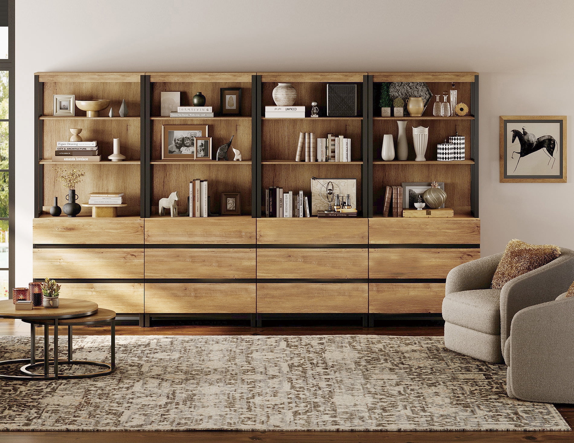 WAMPAT 4-Piece Modern 72" Tall Freestanding Bookcase，12 Drawers, Open Shelves & Storage Cabinet with Metal Base，Wood Library Bookshelf for Home Office & Living Room