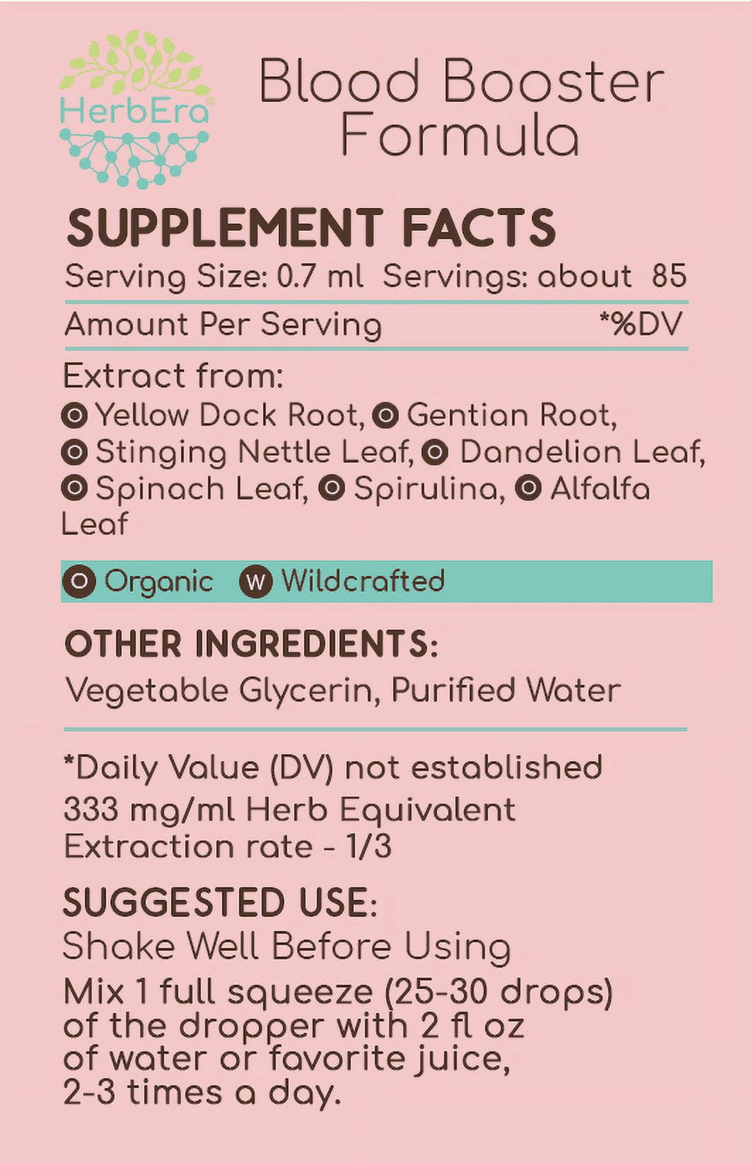 HerbEra Blood Booster Extract, Dietary Supplement Herbal Formula, Made from Stinging Nettle Leaf, Dandelion Leaf, Spinach, Spirulina, Alfalfa, Yellow Dock Root 2 oz