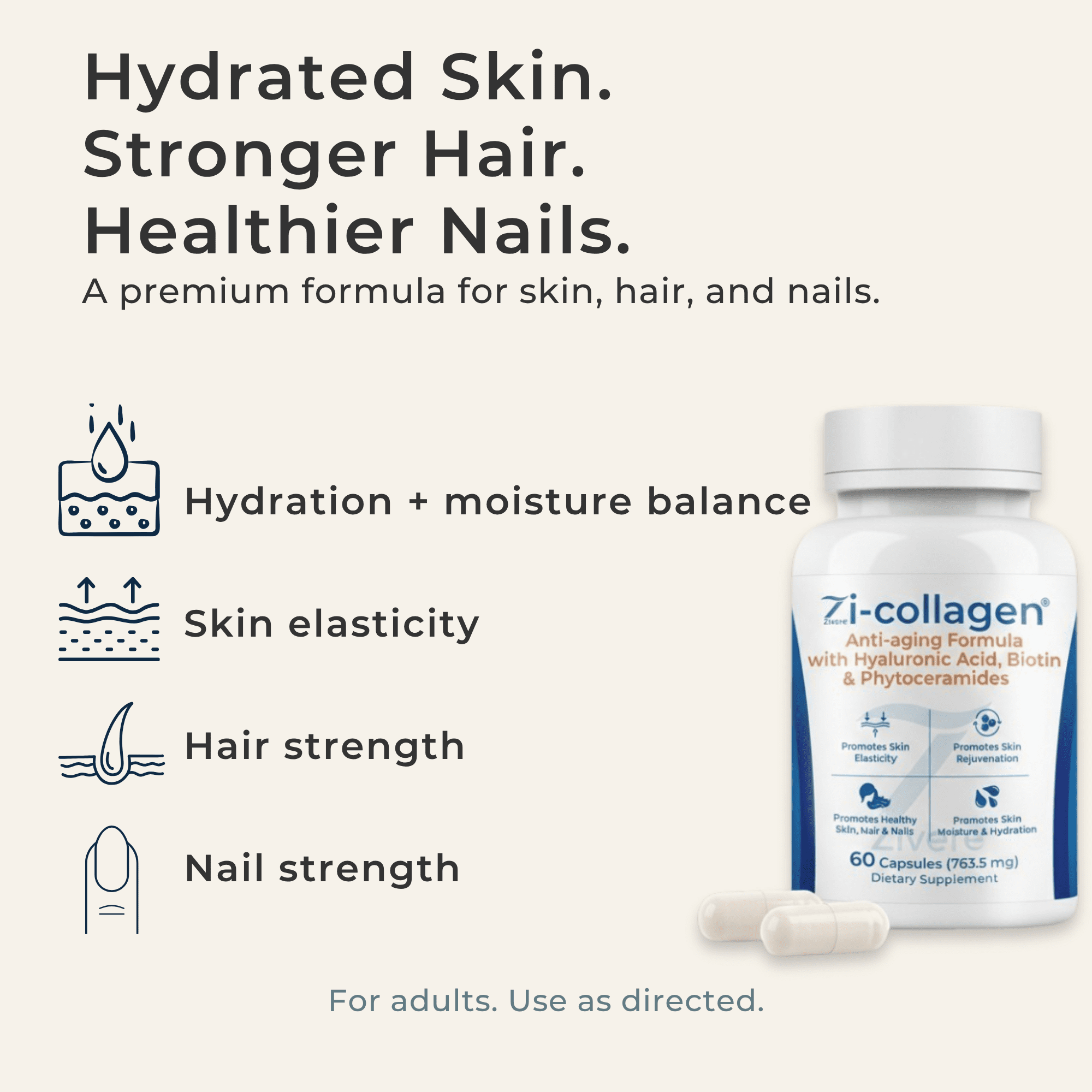 Zivere Zi-Collagen Marine Collagen Capsules Healthy Aging Lactose-Free Gluten-Free Dairy-Free 60 Count 60 Capsules