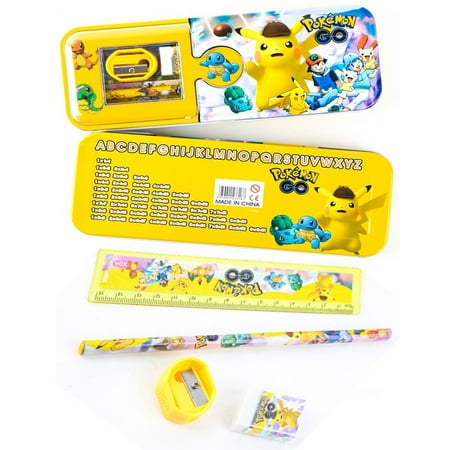 Pokemon Pikachu & Friends Metal Case Set: Pencil, Eraser, Sharpener and Ruler