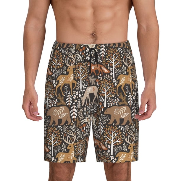 Fotbe Moose fox bear leaf tree Pantalones Cortos de Pijama para Hombre, Ropa de Dormir, Pantalones de Pijama Cortos para Hombre-Small