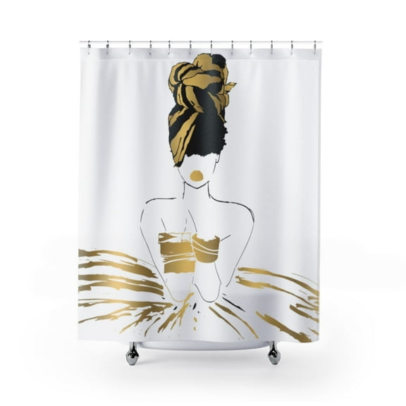 Pardon My Fro Oro Grommet Waterproof Shower Curtain, White & Gold, Polyester, 71 in x 71 in, 1 Piece