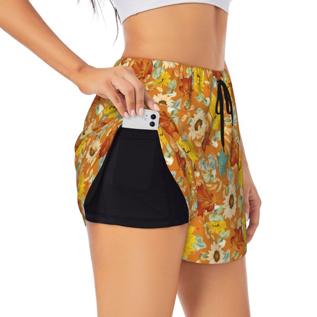 Balery Daisy maple fall Pantalones cortos deportivos para mujer con forro y dos bolsillos, elásticos, para entrenamiento, gimnasio, yoga-Medium