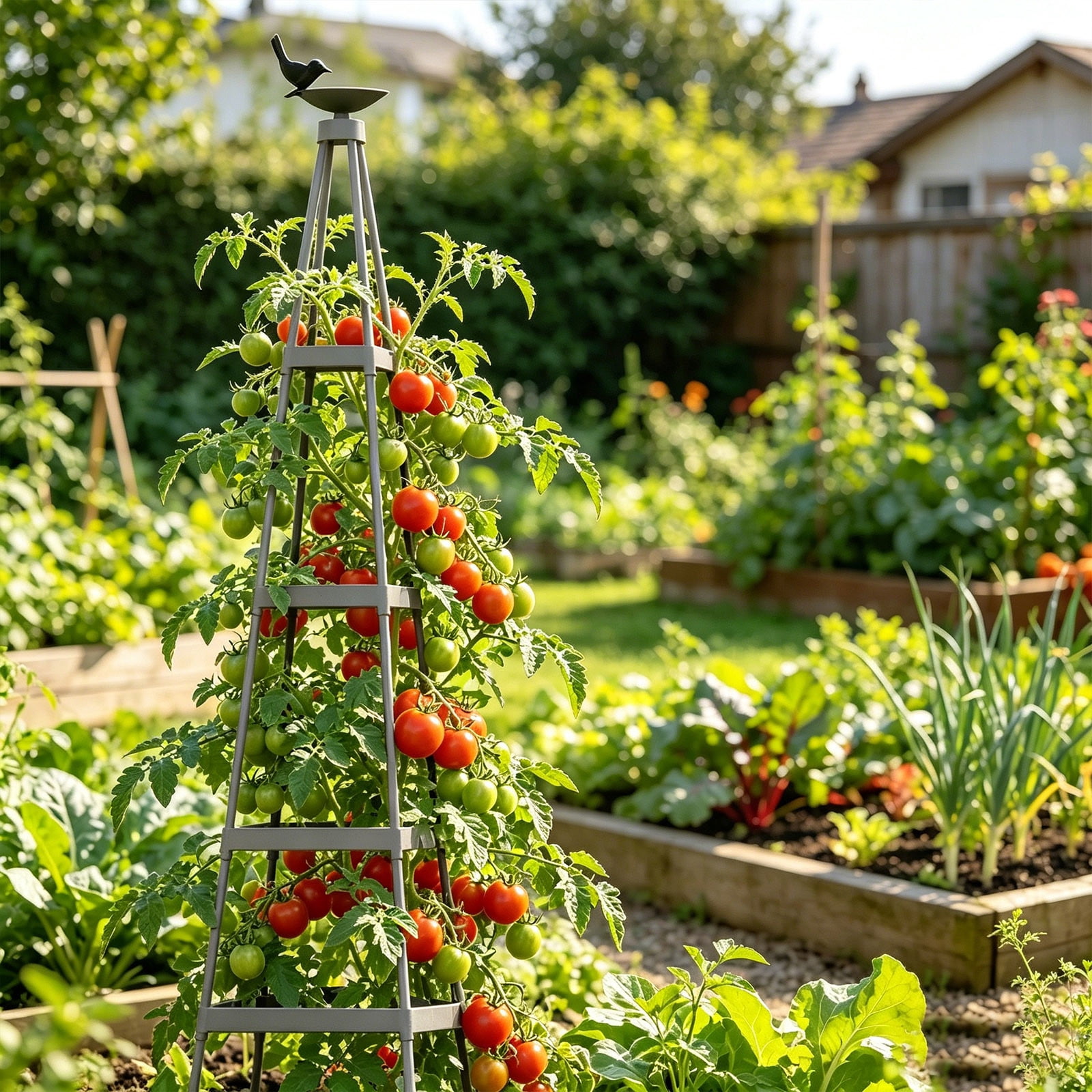 Garden Trellis Plant Support, Gray Metal Climbing Frame with Bird Feeder for Vines, Tomatoes & Flowers