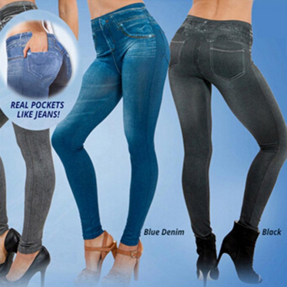 Forzero Women's Denim Print Fake Jeans Seamless Fleece Lined Leggings, Full Length - image 3 of 9