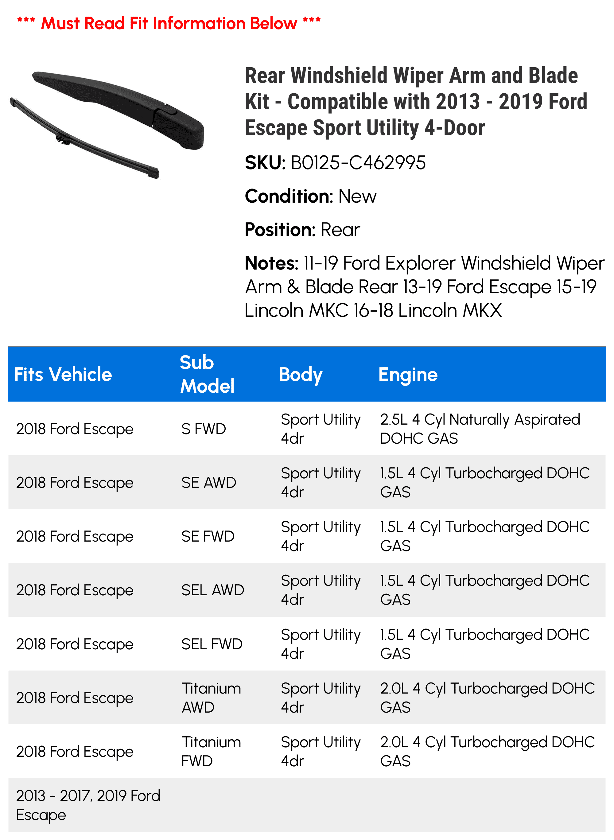 Rear Windshield Wiper Arm and Blade Kit - Compatible with 2013 - 2019 Ford Escape Sport Utility 4-Door 2014 2015 2016 2017 2018