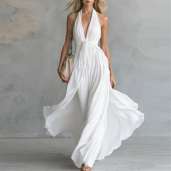 Morttic Women's Bohemian Beach Vacation Party Dress – Solid Halter Neck Deep V, Waist Tie, High Slit, Flowing Long Dress White,S