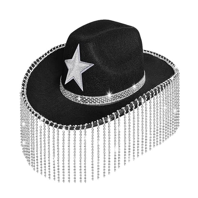Sombrero de vaquero con diamantes de imitación negros con estrella de diamante y borlas, 58 cm