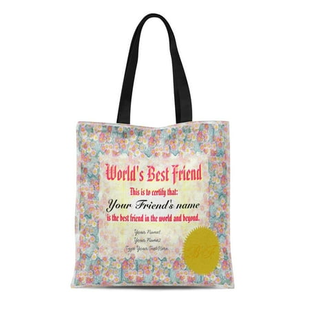 SIDONKU Canvas Tote Bag Funny World Best Friend Certificate Floral Flowers Number One Reusable Handbag Shoulder Grocery Shopping