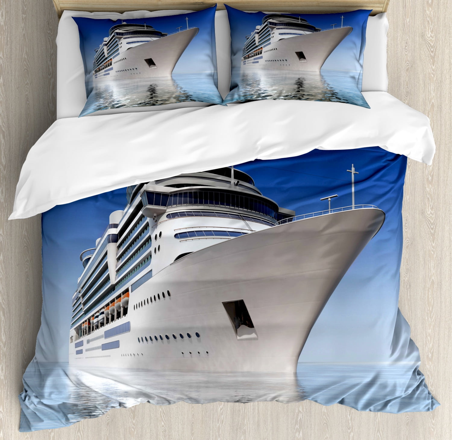 Cruise Ship Duvet Cover Set King Size, White Cruise Ship on Water Level