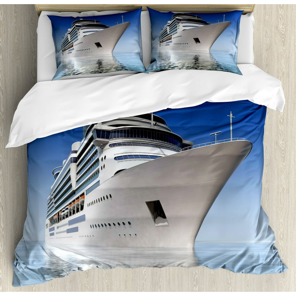 Cruise Ship Duvet Cover Set, White Cruise Ship on Water Level on a
