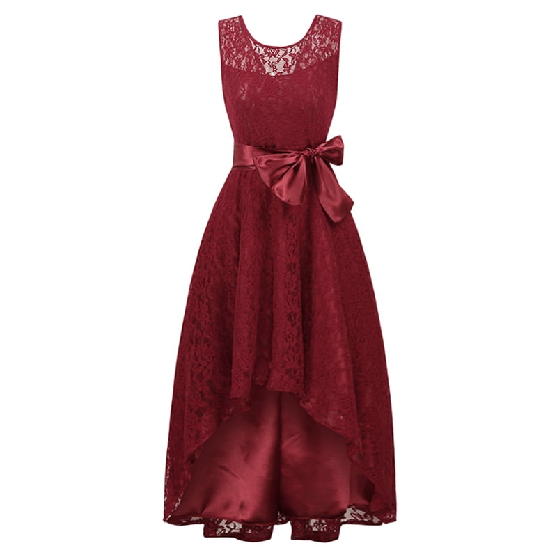 high low belted sleeveless lace dress