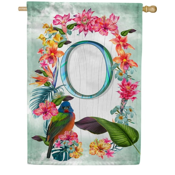 America Forever Summer Floral Wreath Monogram House Flag Letter O 28 x 40 inches Parrot Macaw Hibiscus Palm Leaves Double Sided Vertical Outdoor Yard Lawn Decorative Tropical House Flag