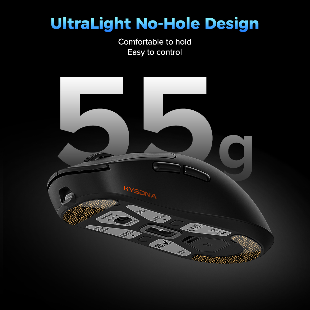 KYSONA Wireless Gaming Mouse Ultralight 55g, 3395 Lag-Free Sensor, 26K DPI, 80Hrs Long Battery Life, 6 Programmable Button for PC, 3 Modes (2.4G/Wired/BT), Win with M600v2, Black