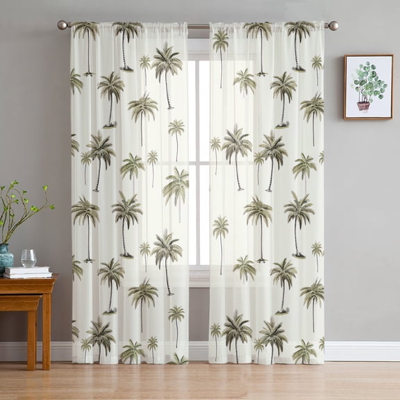 Palm Trees Semi Sheer Curtains 72 Inch Length 2 Panels Set, Green Botanical Summer Tropical Plants Sheer Kitchen Curtain Privacy Voile Window Curtain for Living Room Bedroom Rod Pocket Drapes