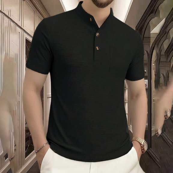 Men's Short Sleeve Casual Shirt, Solid Color Stand Collar, 3-Button Versatile Summer Top