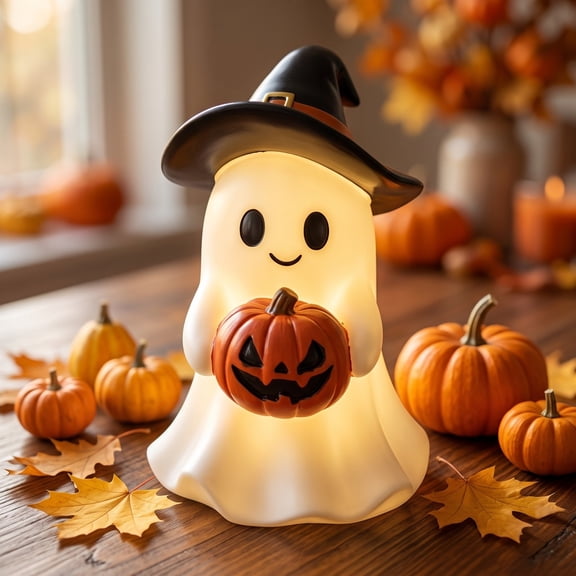 Elainilye Ghost Pumpkin Ornament Glowing Halloween Decorative Figurine Spooky Lighted Pumpkin Ghost Statue Indoor Outdoor Tabletop Decor
