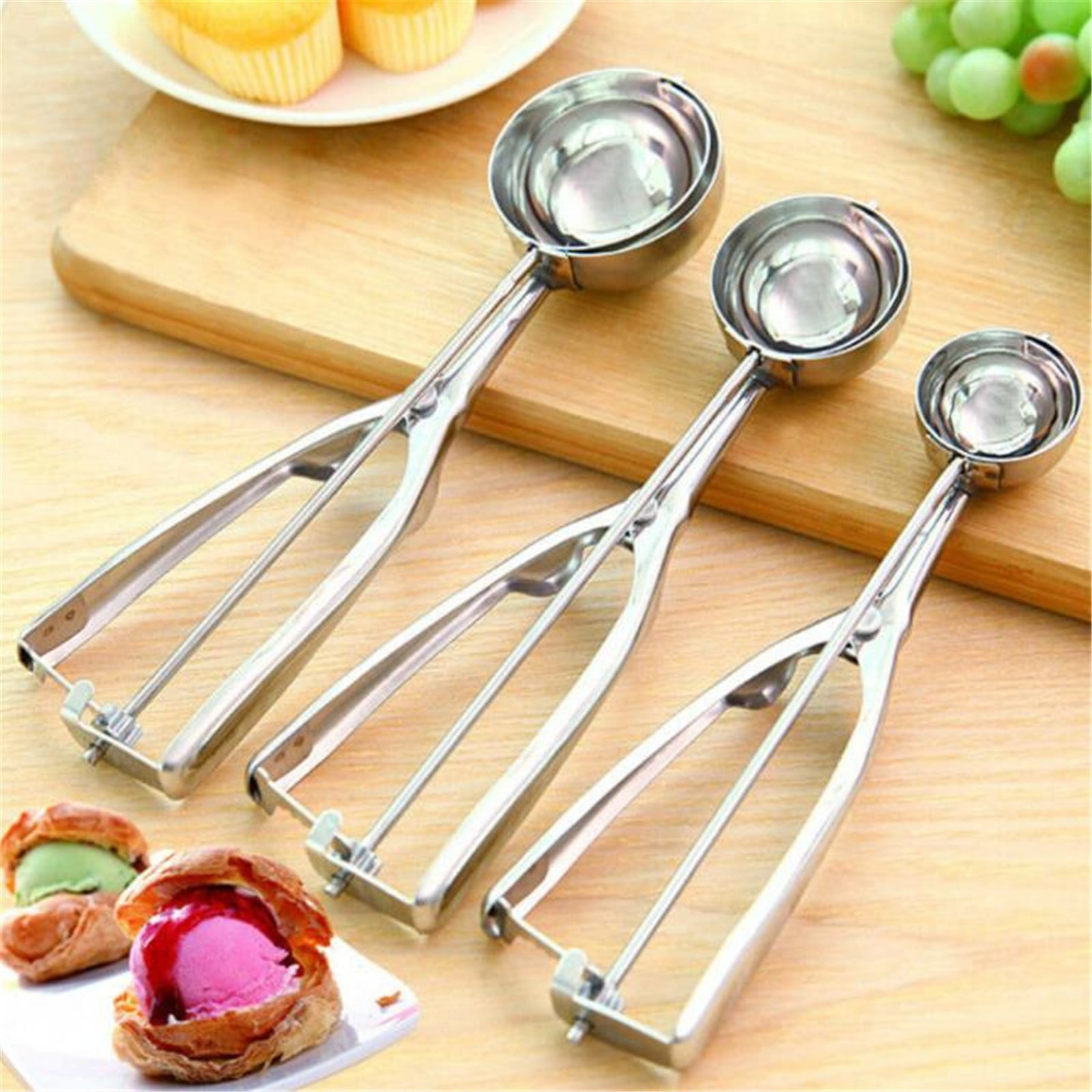 Bfogop Ice Cream Scoop 3 Pcs, 18/8 Stainless Steel Cookie Scoop, Cookie Scoops for Baking, 2 Tbsp/ 30 ml/ 1 oz Cookie Dough Scoop, Ice Cream Scooper with Trigger Release