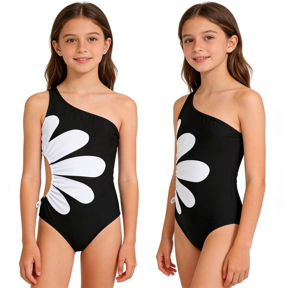 MAIHAN Girls One Piece Swimsuit Sleeveless Bathing Suits Summer Stretchy Lightweight Beach Bodysuit Swimwear Full Coverage Swimsuit Floral Print(Black,9-10 Years)
