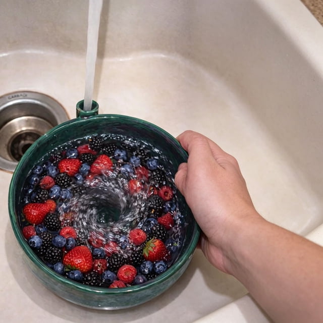 Bol para lavar frutas Berry Swirl | Crea un suave movimiento de agua en remolino para limpiar frutas y verduras | Colador de cocina compacto para bayas, uvas y cerezas sin dañarlas