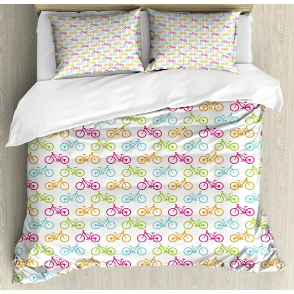 Bicycle Duvet Cover Set King Size, Plainly Designed Bicycle Silhouettes in Different Colors Active Lifestyle Theme, Decorative 3 Piece Bedding Set with 2 Pillow Shams, Multicolor, by Ambesonne