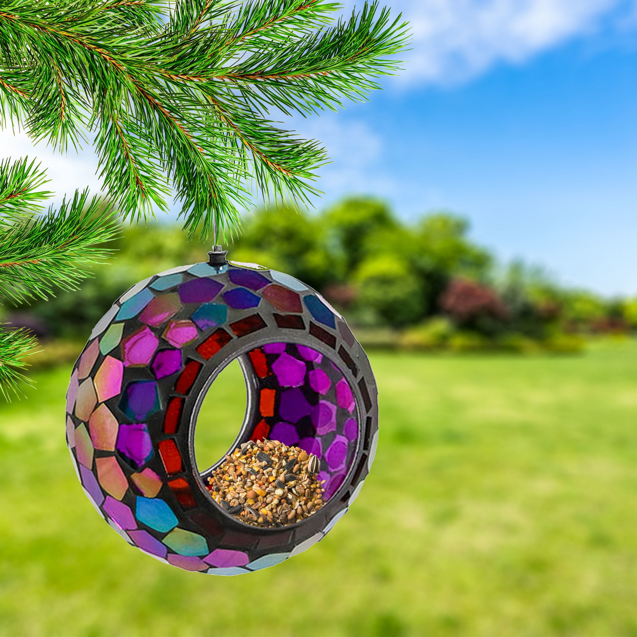 Sunnydaze Mosaic Glass Fly-Through Hanging Bird Feeder, 1-Cup Capacity, Purple