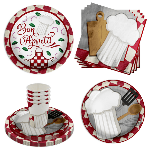 Chef Cooking Themed Birthday Party Paper Plates Napkins Cups - Bon Appetit Birthday Party Supplies 64 Piece Tableware Set Includes Large 9" Paper Plates Dessert Plates, Cups and Napkins Kit for 16
